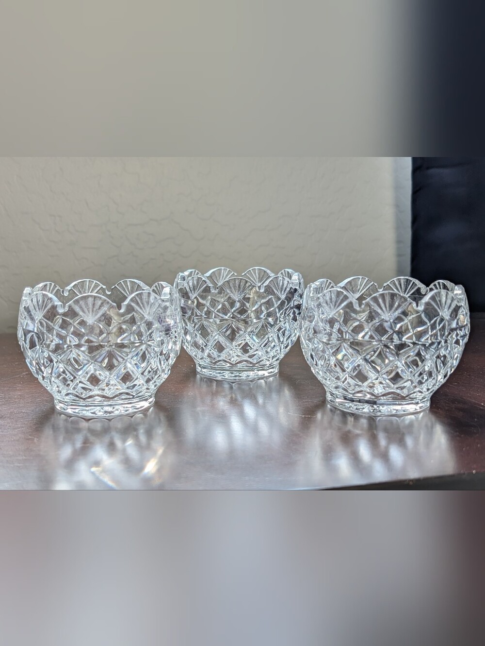 Royal Irish Cut 24%Leaded Crystal Clear Votive Candle Scalloped Edge Set Of 3